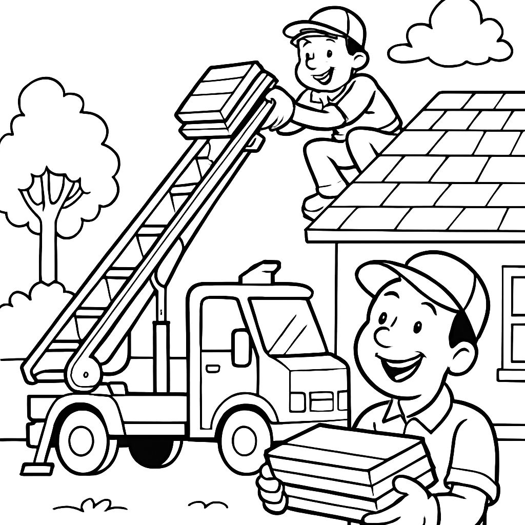 Deux personnes livrant des bardeaux avec un camion convoyeur de toiture. Deux personnes livrant des bardeaux avec un camion convoyeur de toiture.