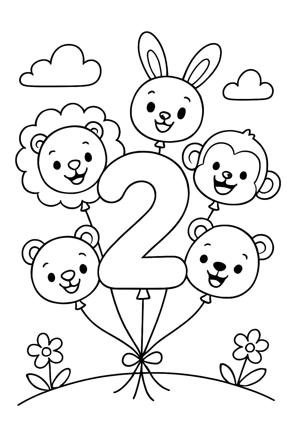 A number 2 balloon with animal balloons in a balloon bouquet