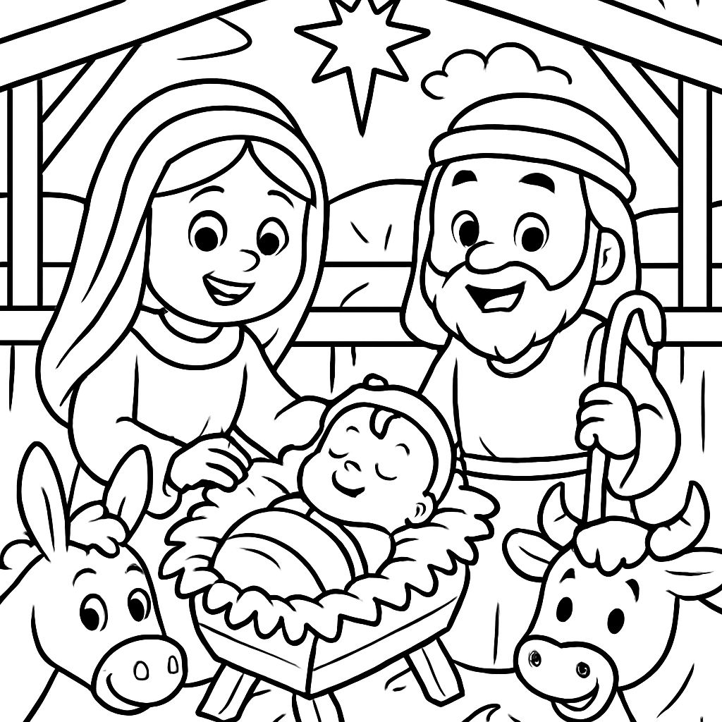 Cartoon nativity scene coloring page for kids ages 3–8. Includes Mary, Joseph, baby Jesus in the manger, a star above them, and animals in a stable. Thick lines, easy shapes. Cartoon nativity scene coloring page for kids ages 3–8. Includes Mary, Joseph, baby Jesus in the manger, a star above them, and animals in a stable. Thick lines, easy shapes.