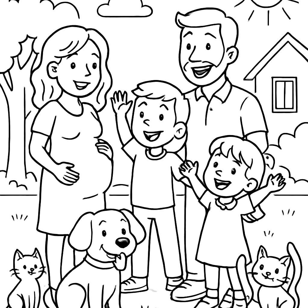 Une famille avec une maman enceinte, un papa, un grand garçon, une petite fille, un chien et deux chats. Une famille avec une maman enceinte, un papa, un grand garçon, une petite fille, un chien et deux chats.