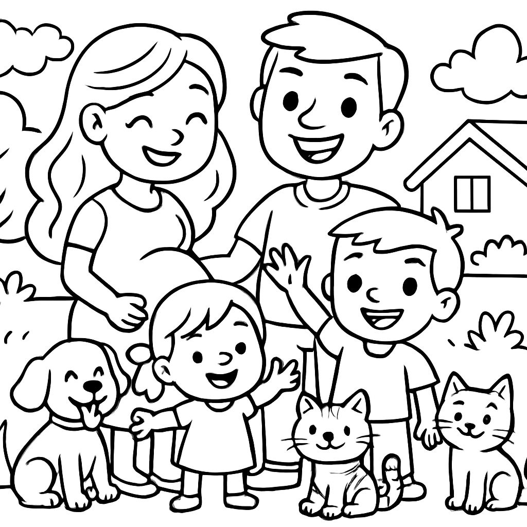 Une famille avec une maman enceinte, un papa, un grand garçon, une petite fille, un chien et deux chats. Une famille avec une maman enceinte, un papa, un grand garçon, une petite fille, un chien et deux chats.