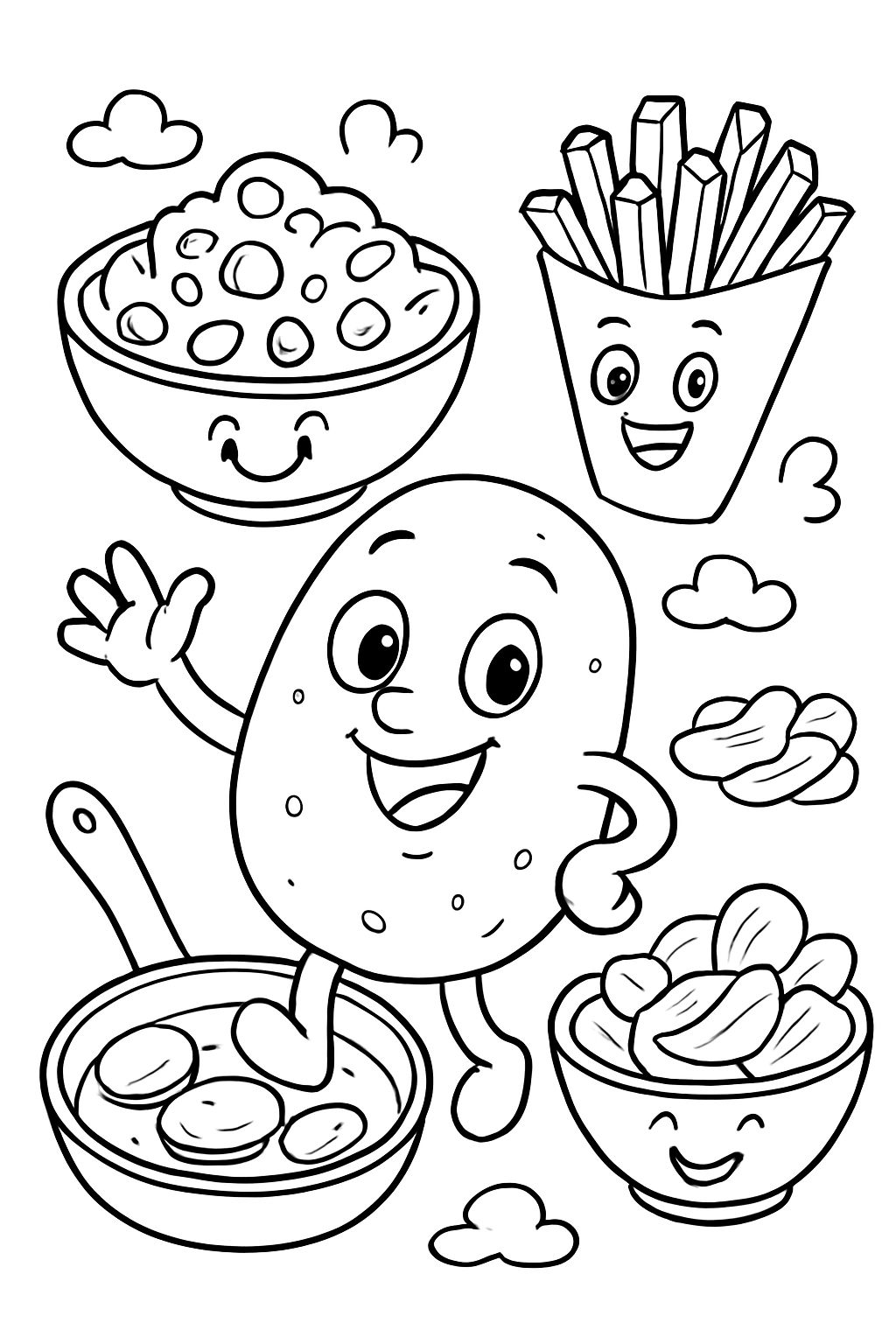 Potato salad on a plate, fries in a bag, chips in a bowl, and fried potatoes in a pan.