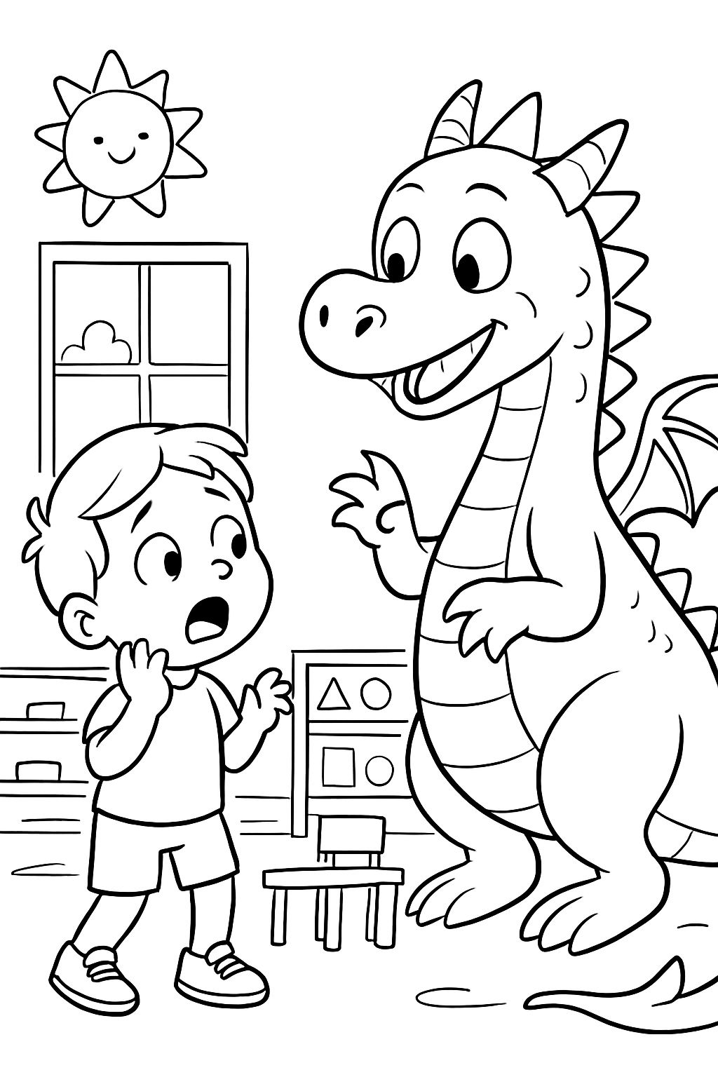 A child is afraid of a friendly dragon in kindergarten A child is afraid of a friendly dragon in kindergarten