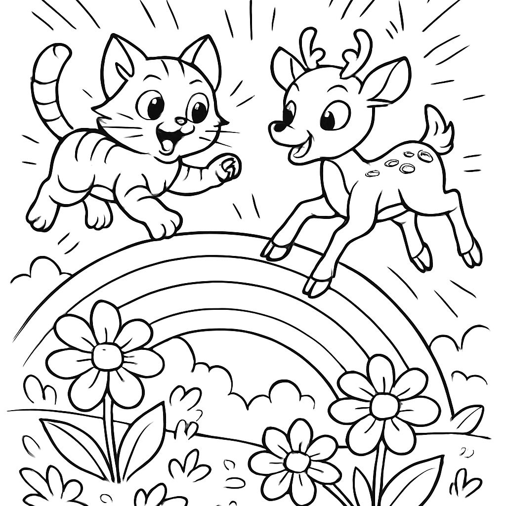 un chaton et un cerf jouant sur un arc-en-ciel au-dessus d'un jardin un chaton et un cerf jouant sur un arc-en-ciel au-dessus d'un jardin