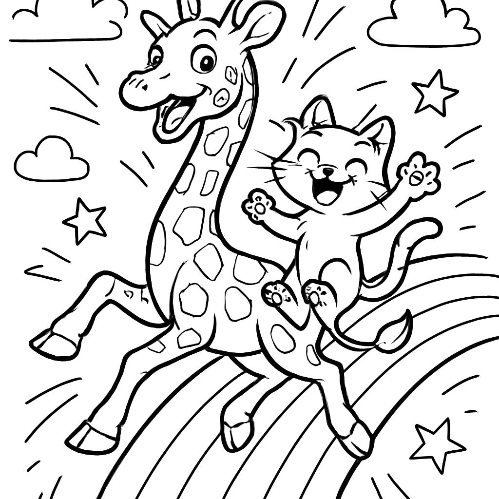 girafe et chaton jouant sur un arc-en-ciel girafe et chaton jouant sur un arc-en-ciel