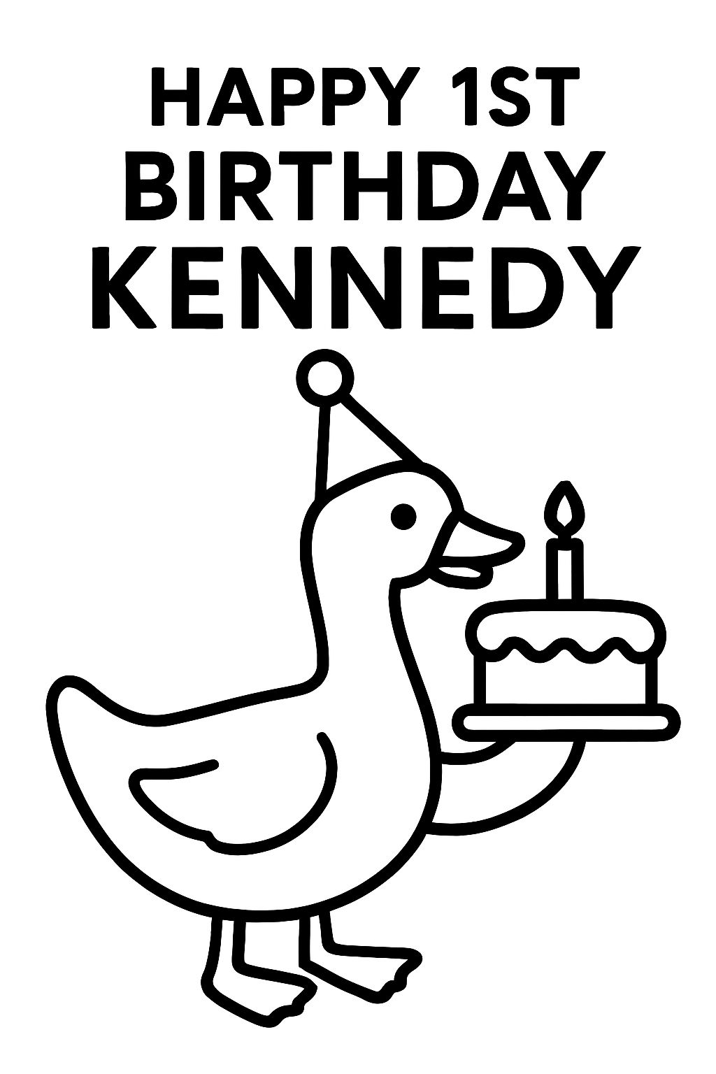 A birthday goose with the words 'happy 1st birthday Kennedy'.