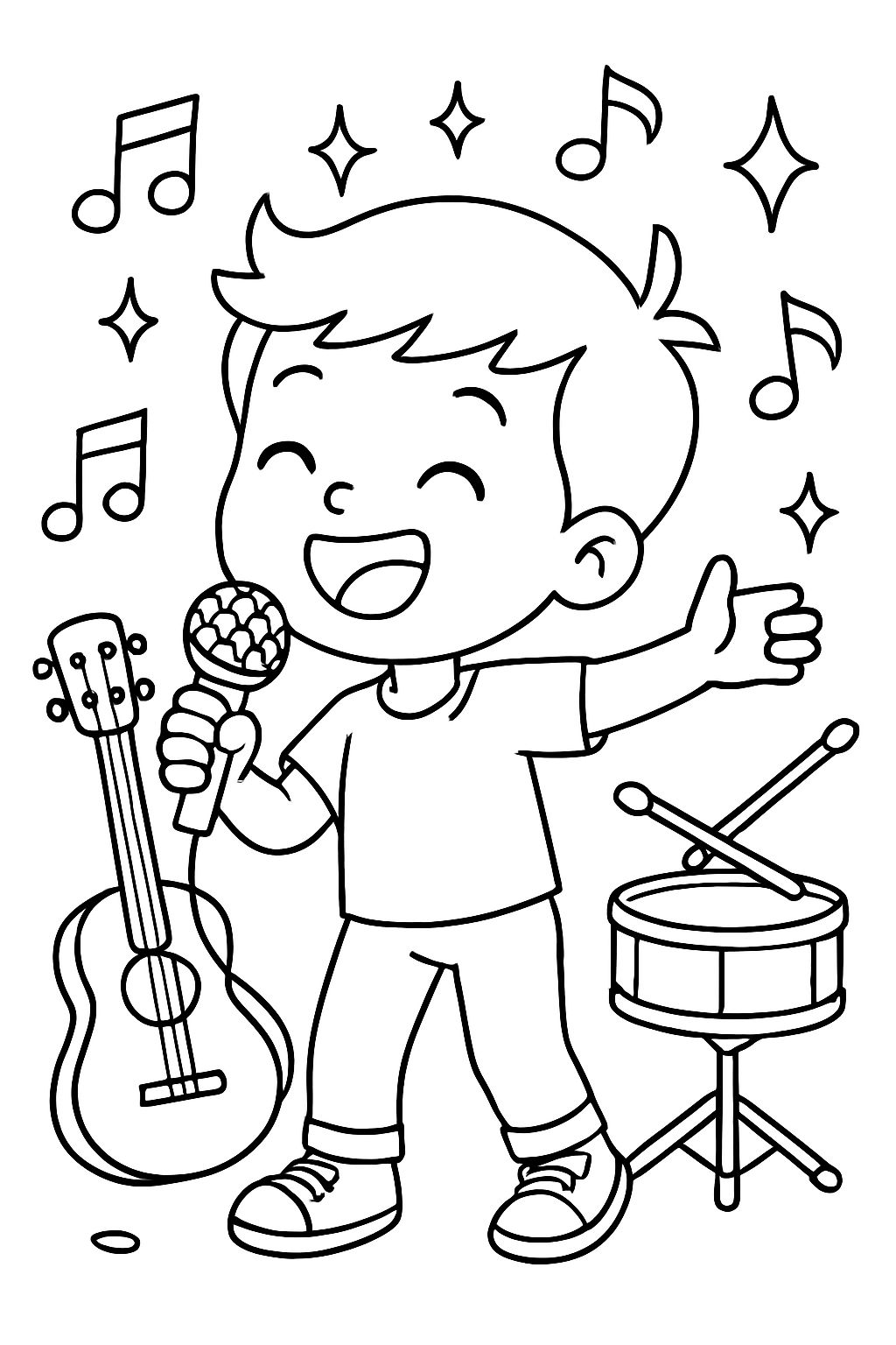 Microphone, instruments, sparkles, fine music notes, boy singer