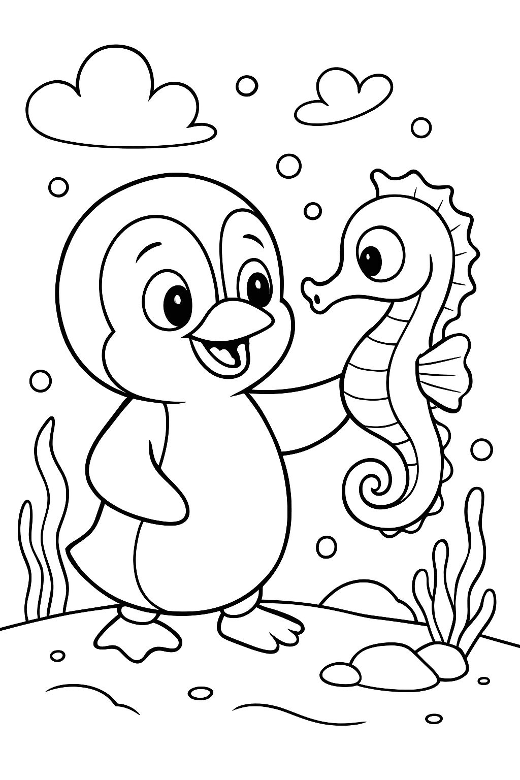 A penguin with a seahorse.