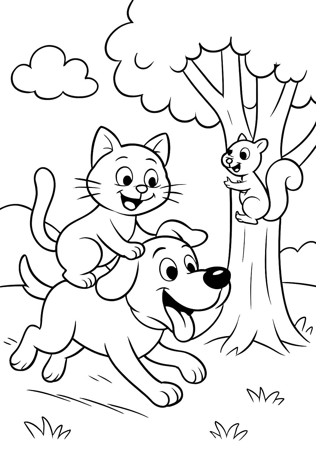 a cat riding a dog chasing a squirrel up a tree