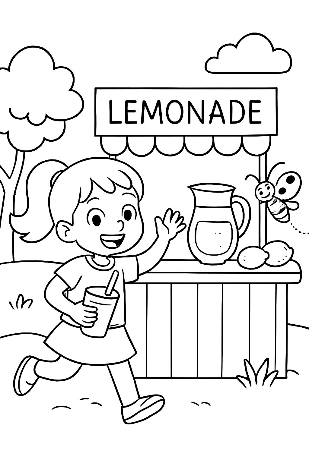 A girl at a lemonade stand with a ladybug fluttering nearby.
