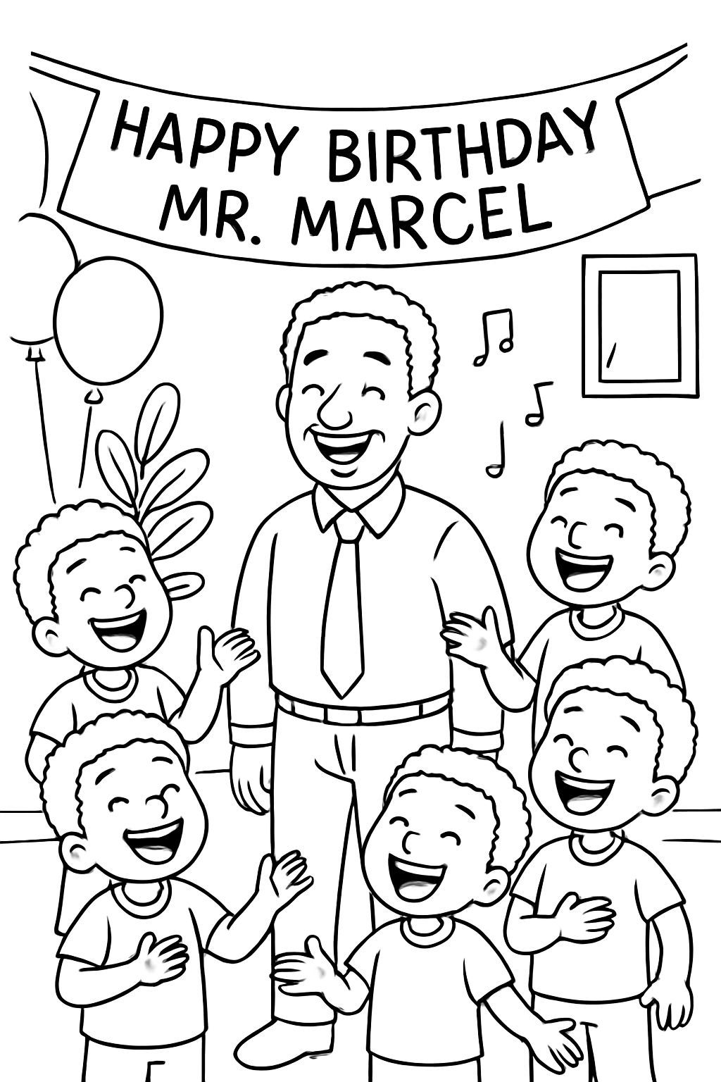 6 black boys singing happy birthday to an adult man. banner with "happy birthday Mr. Marcel". 6 black boys singing happy birthday to an adult man. banner with "happy birthday Mr. Marcel".