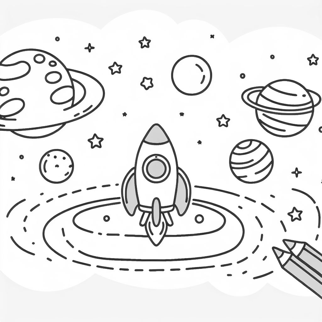 'Space with planets and a small rocket' Coloring Page | bubbely