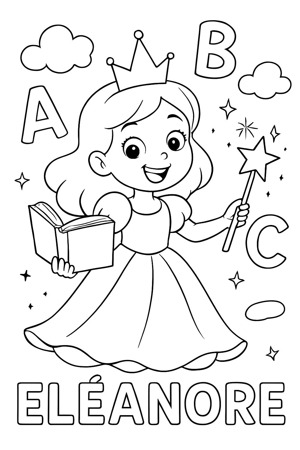 a princess with a magic wand and a book and letters from the alphabet and the name Eléanore a princess with a magic wand and a book and letters from the alphabet and the name Eléanore