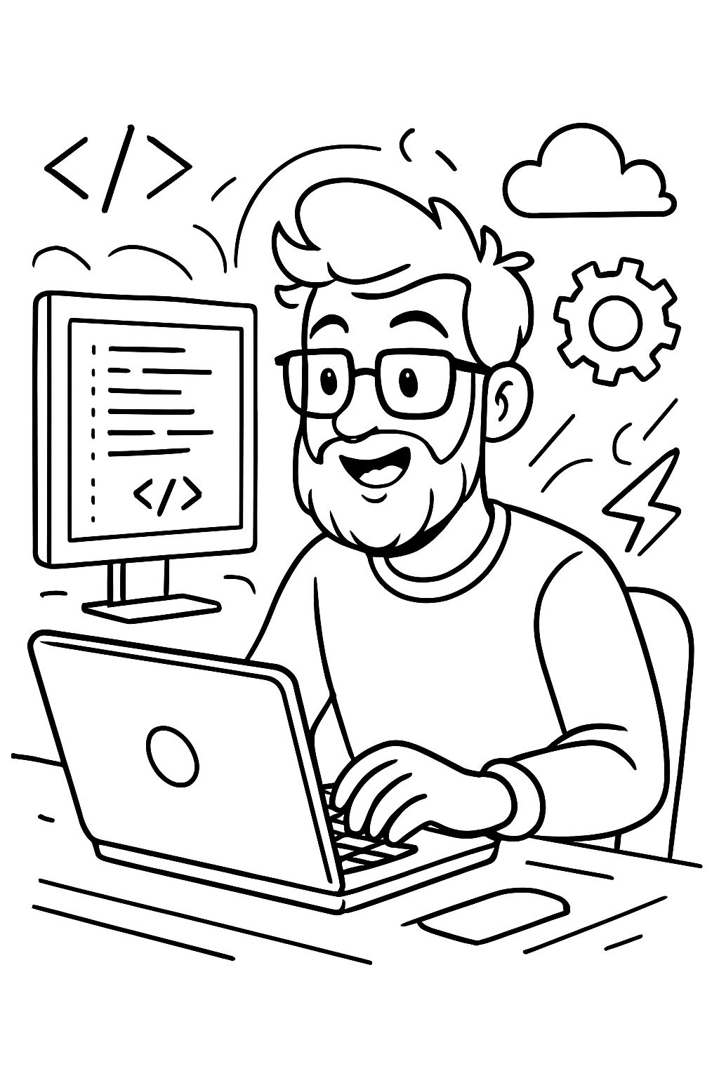 'A bearded computer scientist with glasses working on his computer ...