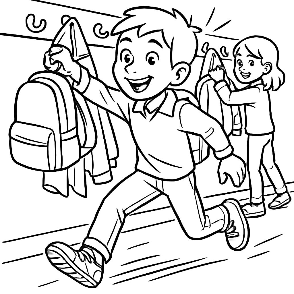 Crianças pendurando suas mochilas e casacos nos cabides. Crianças pendurando suas mochilas e casacos nos cabides.