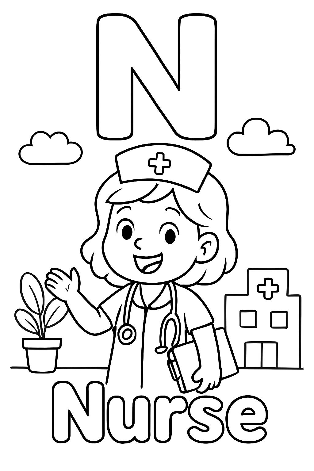 A large bubble “N” is centered on top of the page. Under that is an image of a Nurse. Under the image should say “Nurse” in bubble letters.