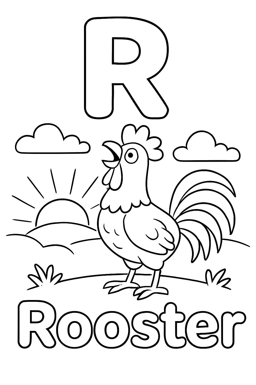 A large bubble “R” is centered on top of the page. Under that is an image of a rooster crowing at sunrise. Under the image should say “Rooster” in bubble letters.