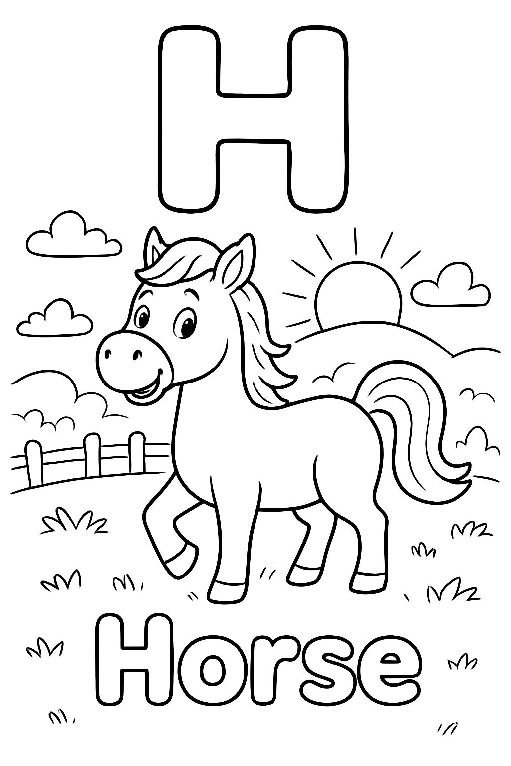 A large bubble "H" is centered on top of the page. Under that is an image of a horse in a field at sunset. Under the image should say "Horse" in bubble letters.