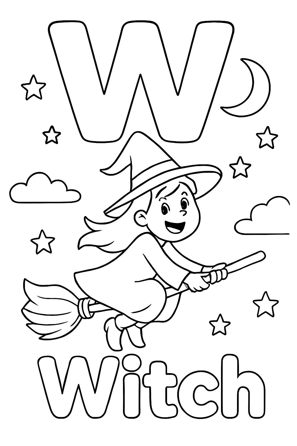 A large bubble “W” is centered on top of the page. Under that is an image of a witch on a broomstick flying in the night sky. Under the image should say “Witch” in bubble letters.