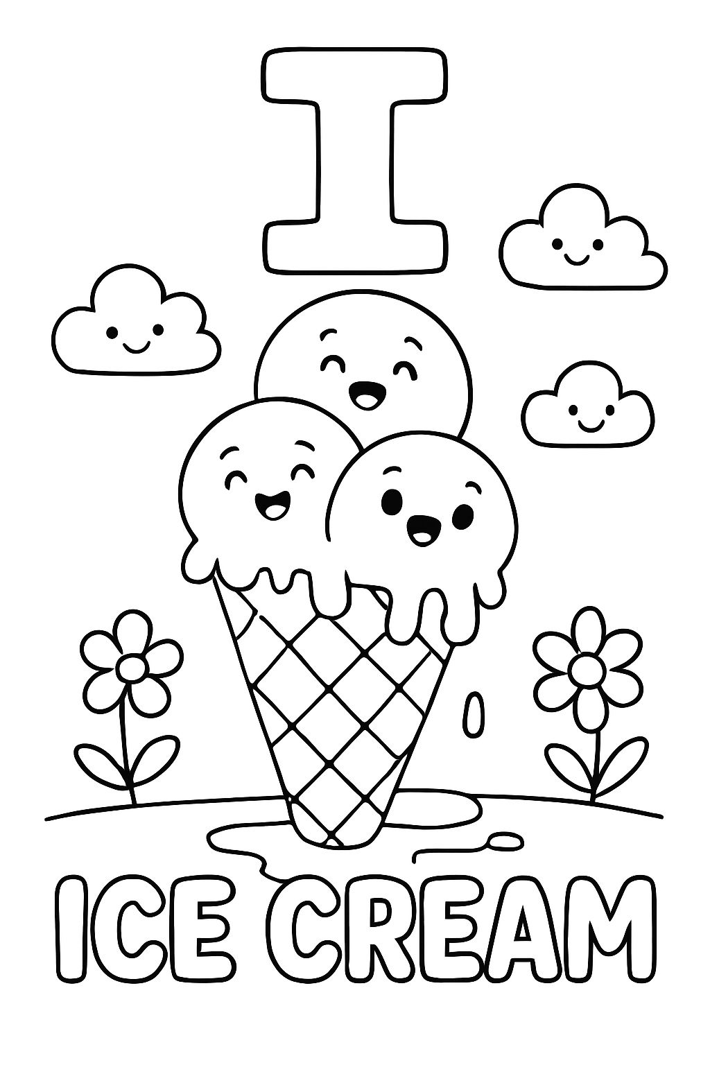 A large bubble “I” is centered on top of the page. Under that is an image of an ice cream cone with three scoops on it, and it is melting and dripping down. Under the image should say “Ice Cream” in bubble letters.