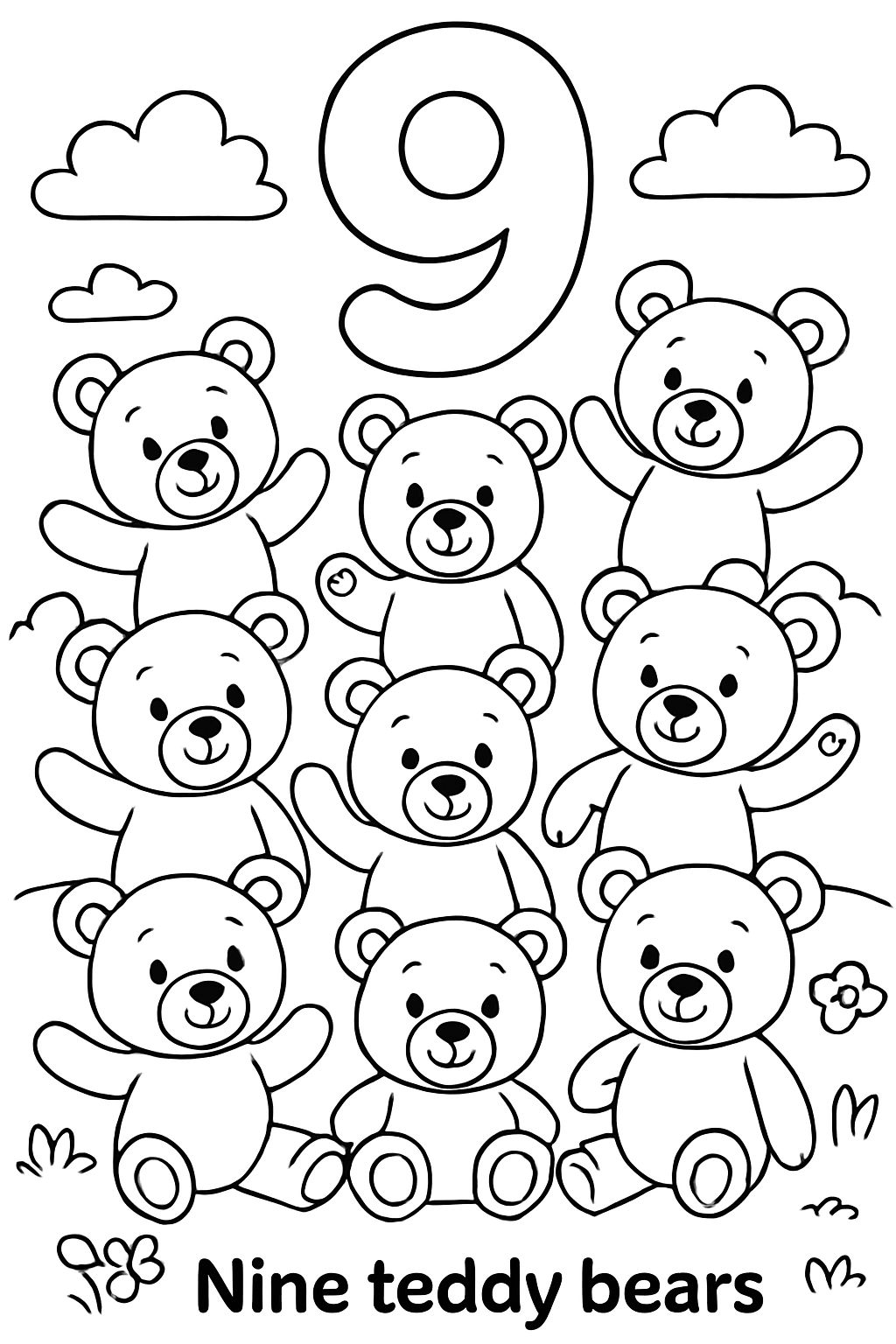 A large bubble number “9” is centered at the top of the page. Under that is an image of nine teddy bears. Under the image should say “Nine teddy bears” in bubble letters.