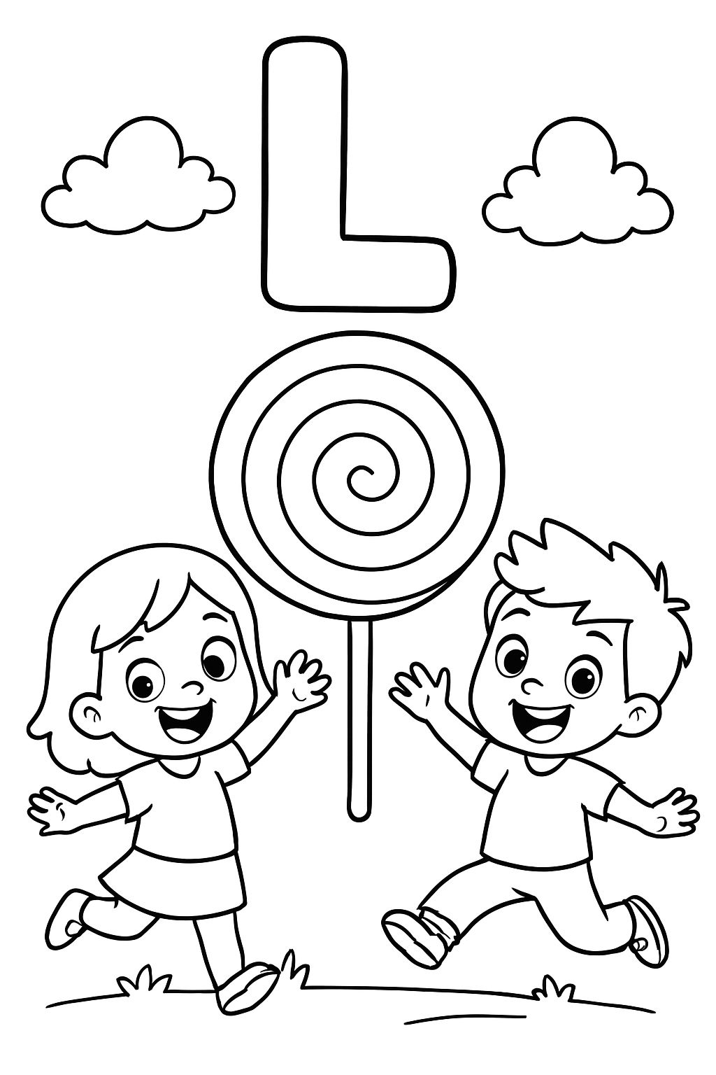 A large bubble “L” is centered on top of the page. Under that is an image of a large swirly lollipop. Under the image should say “Lollipop” in bubble letters.