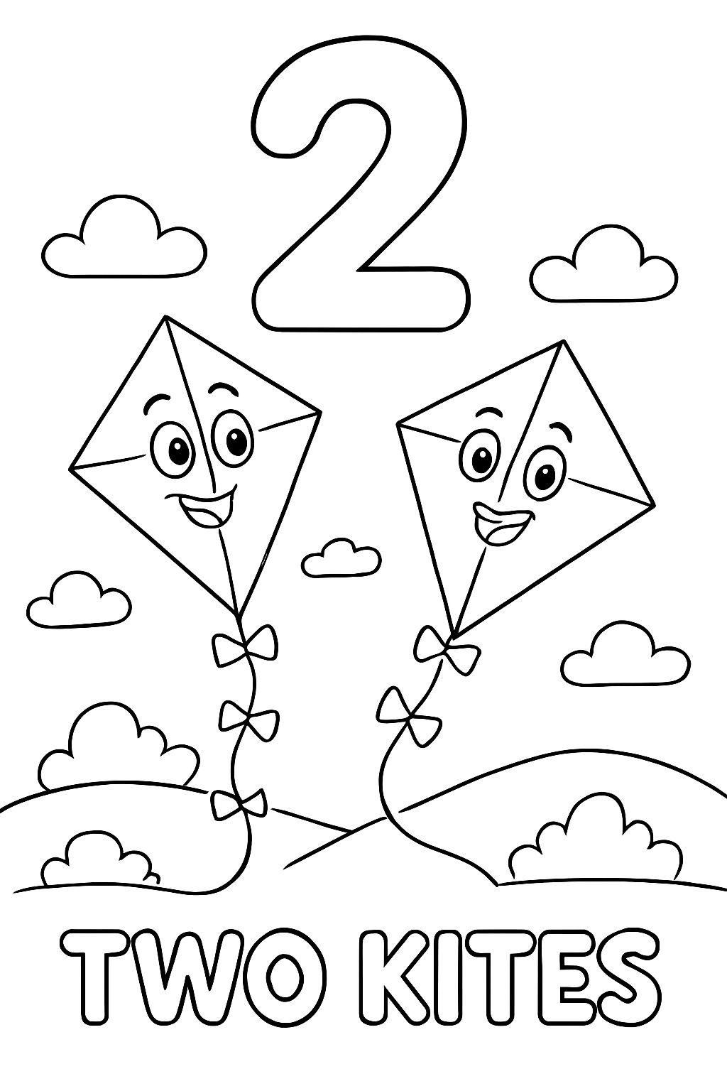 A large bubble number “2” is centered at the top of the page. Under that is an image of two kites. Under the image should say “Two kites” in bubble letters.