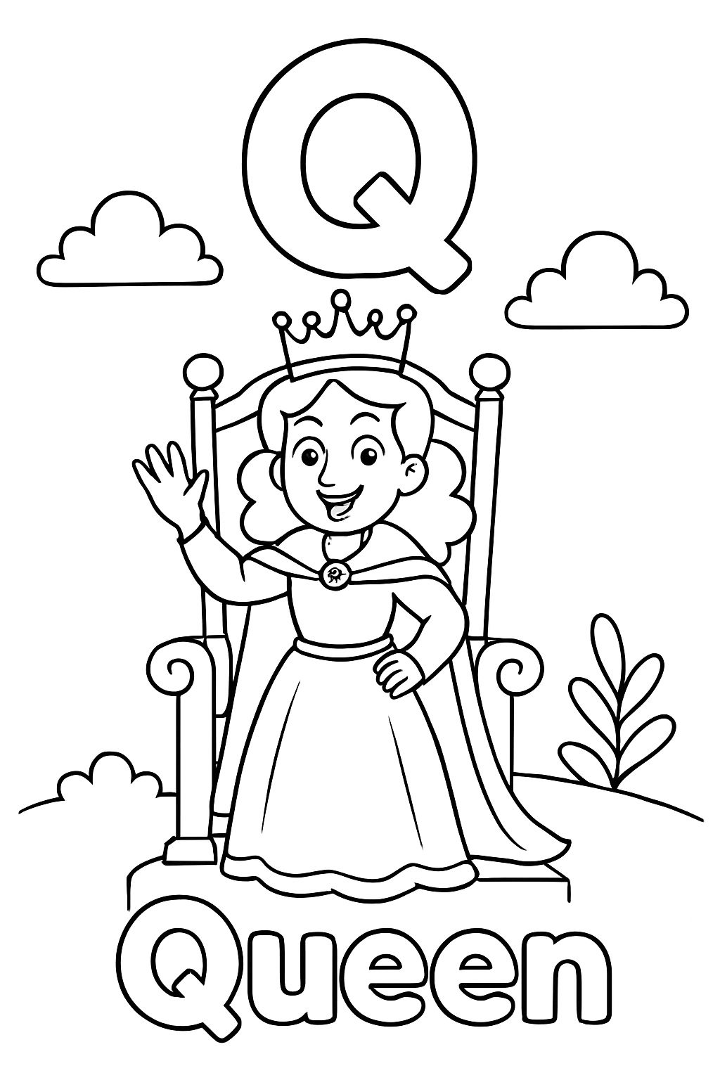 A large bubble "Q" is centered on top of the page. Under that is an image of a Queen standing on her throne. Under the image should say "Queen" in bubble letters.