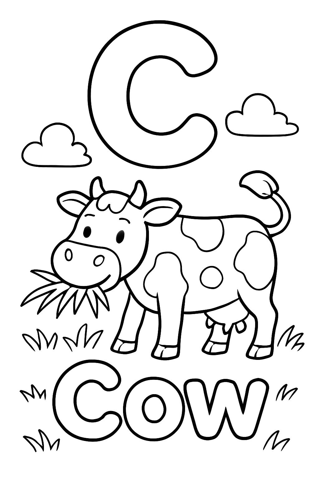 A large bubble “C” centered on top of the page. With a cow eating grass under that. Under the cow it should have the word “Cow” in bubble letters.