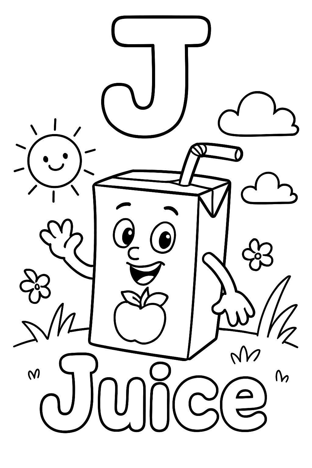 A large bubble “J” is centered on top of the page. Under that is an image of a juice box of apple juice. Under the image should say “Juice” in bubble letters.