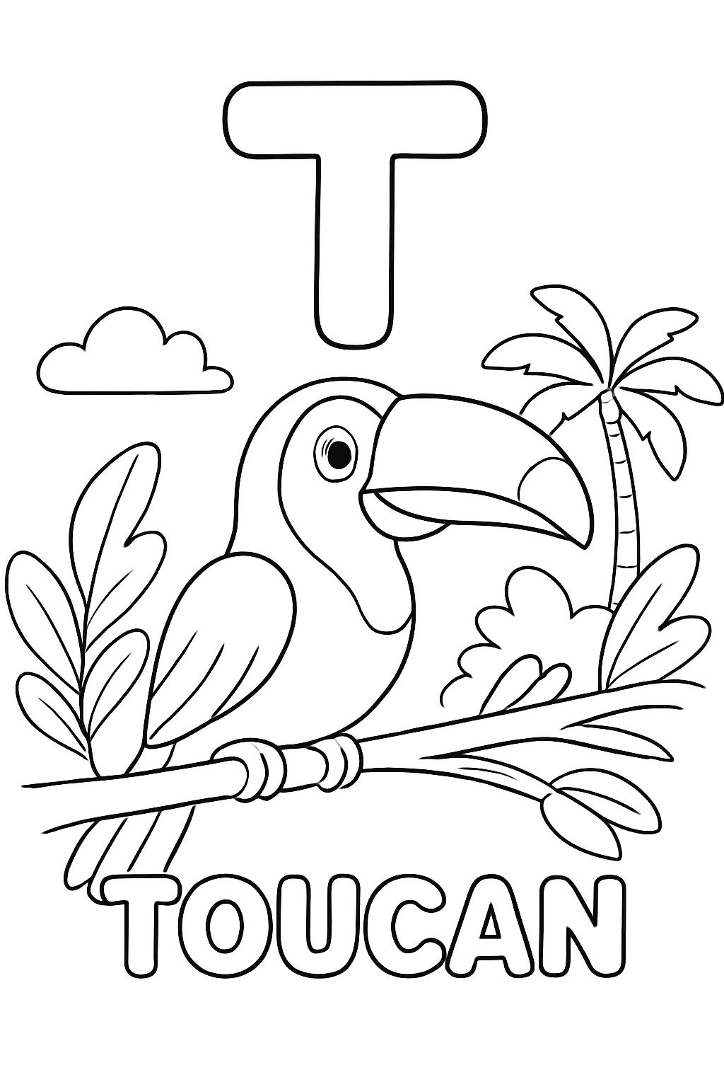 A large bubble “T” is centered on top of the page. Under that is an image of a toucan sitting on a branch. Under the image should say “Toucan” in bubble letters.