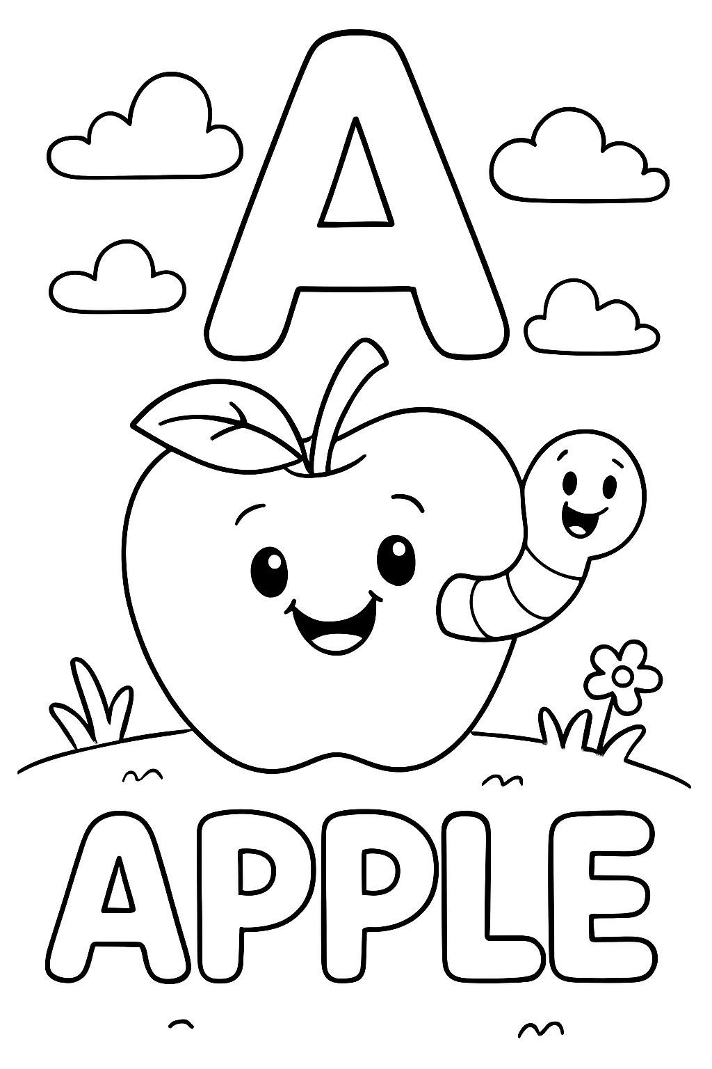 A large bubble “A” centered on top of the page. With an apple underneath that. The apple should have a stem with a leaf hanging off of it. And a worm digging its way out of the side of the apple. Under the apple it should “Apple” in bubble letters.