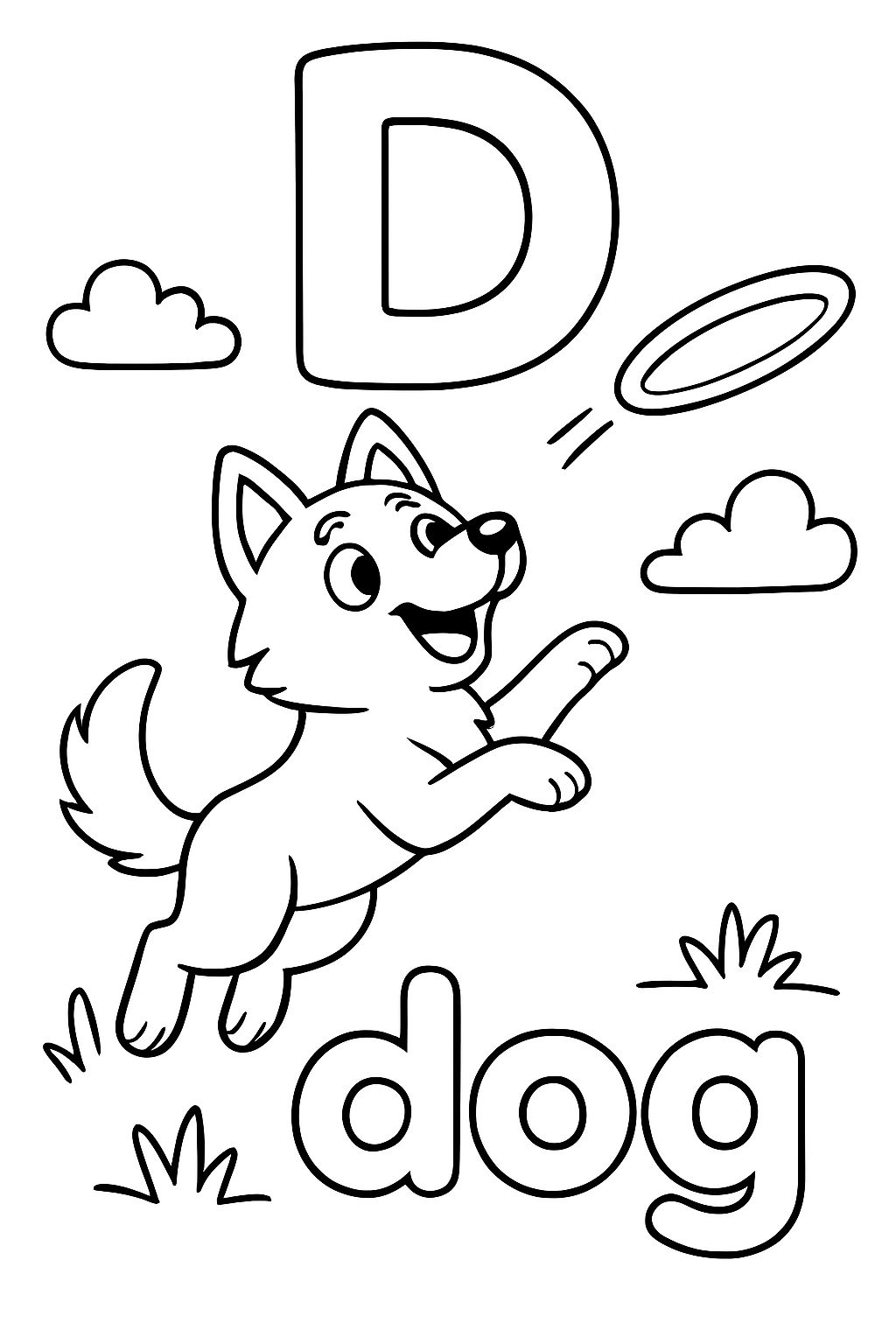 A large bubble “D” centered on top of the page. With a husky dog jumping up to a frisbee in the air. Under the Dog it should have the word “dog” in bubble letters.