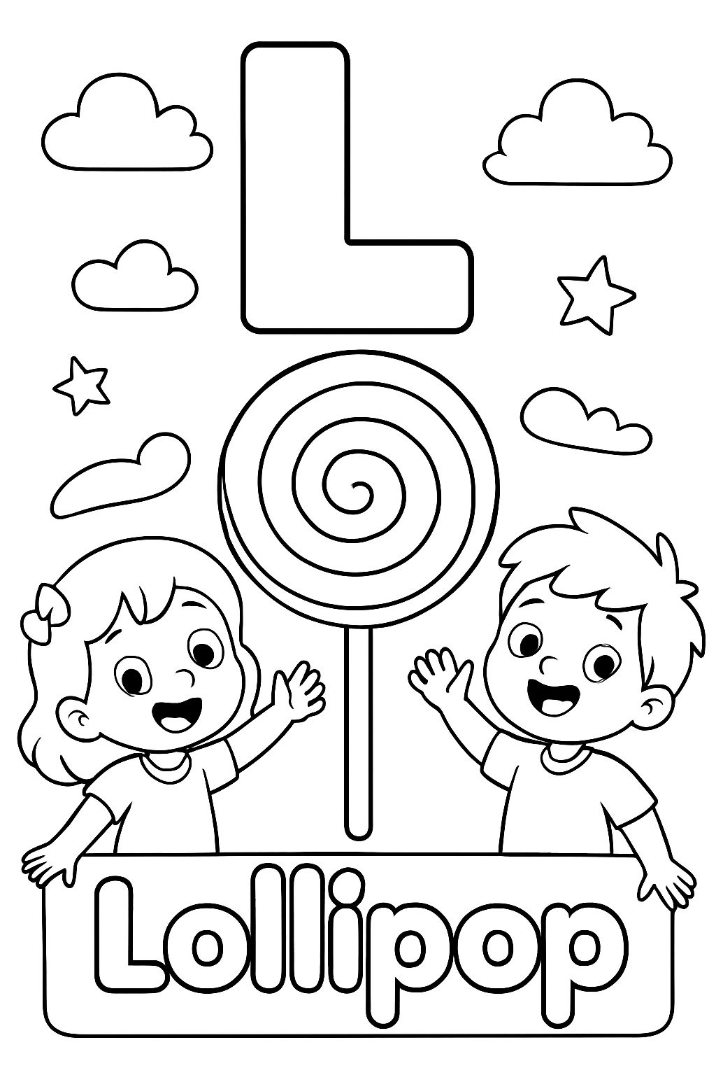 A large bubble “L” is centered on top of the page. Under that is an image of a large swirly lollipop. Under the image should say “Lollipop” in bubble letters.