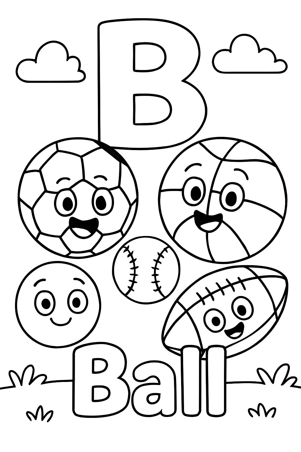 A large bubble “B” centered on top of the page. With a soccer ball, basketball, baseball, and football underneath that. Under the balls it should have the word “Ball” in bubble letters.