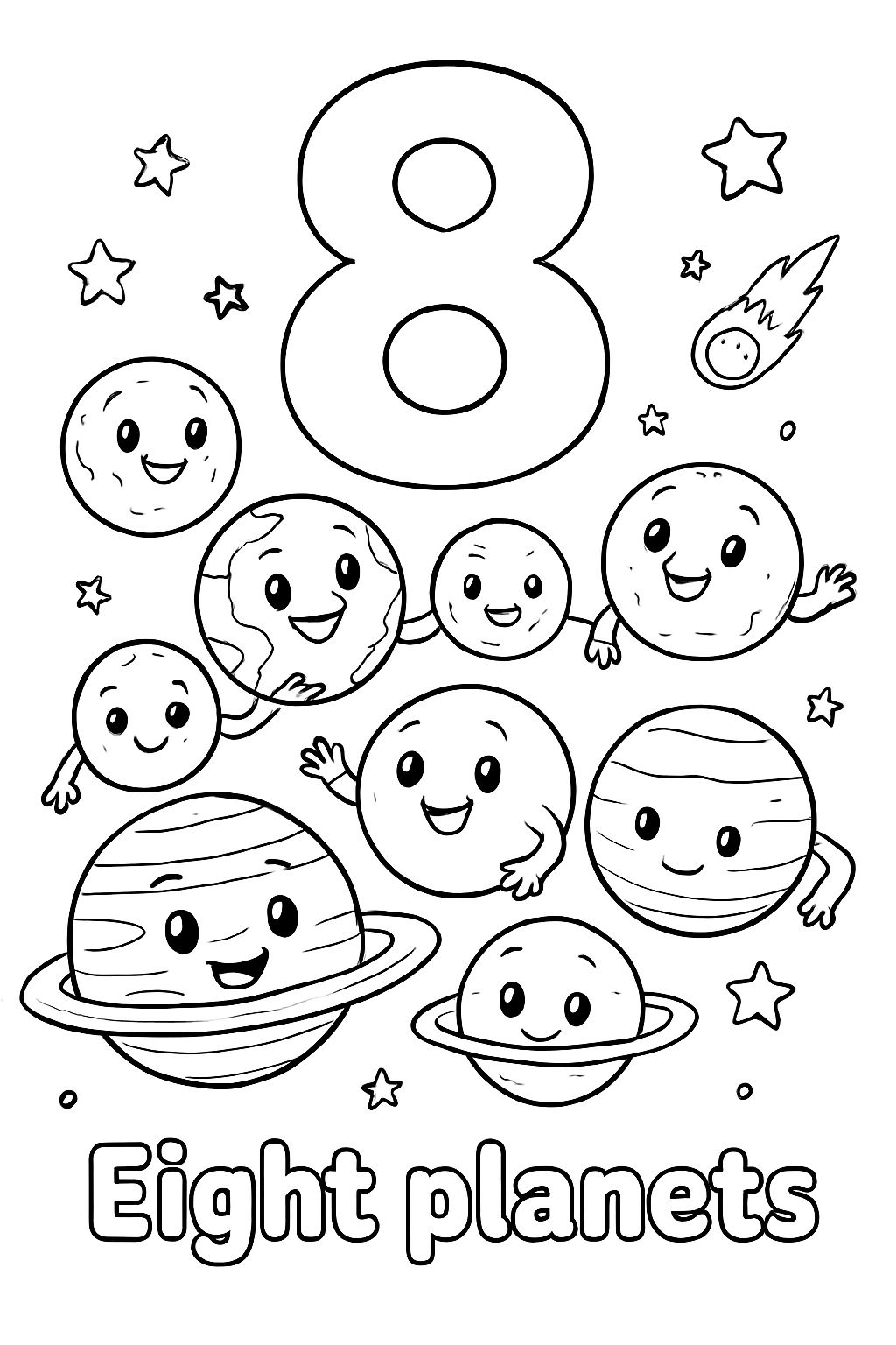 A large bubble number "8" is centered at the top of the page. Under that is an image of the eight planets: Mercury, Venus, Earth, Mars, Jupiter, Saturn, Uranus, and Neptune. Under the image should say "Eight planets" in bubble letters.