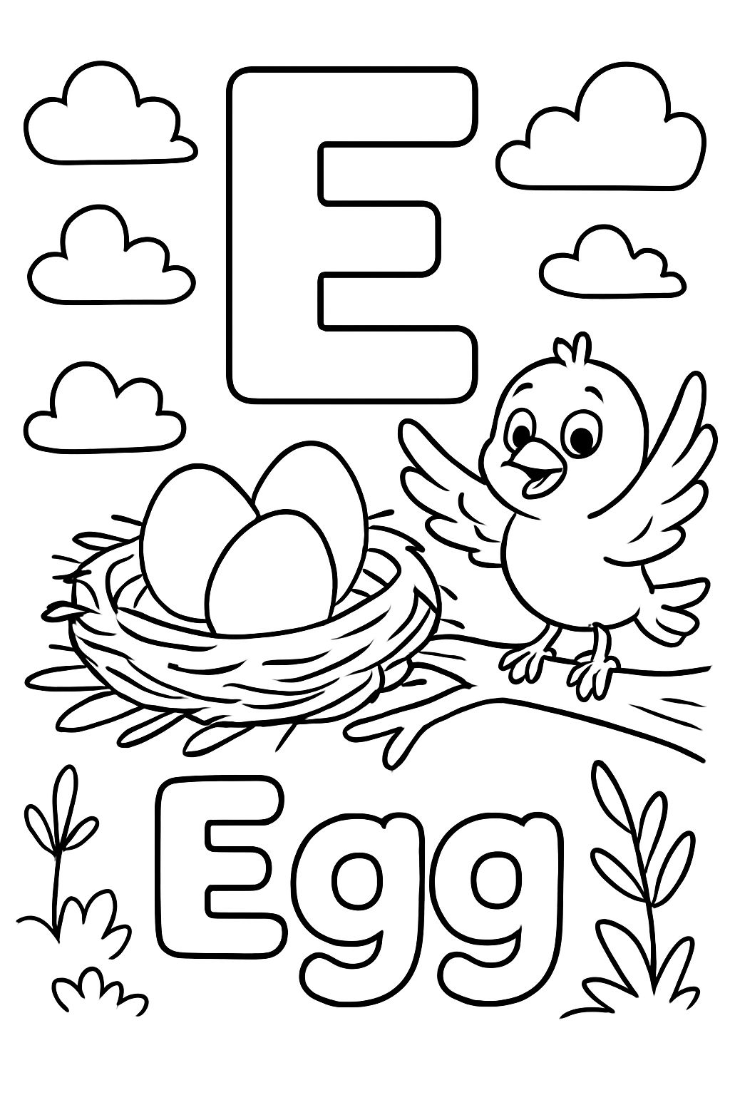 A large bubble “E” centered on top of the page. With a birds nest with eggs in it. Under the nest it should have the word “Egg” in bubble letters.