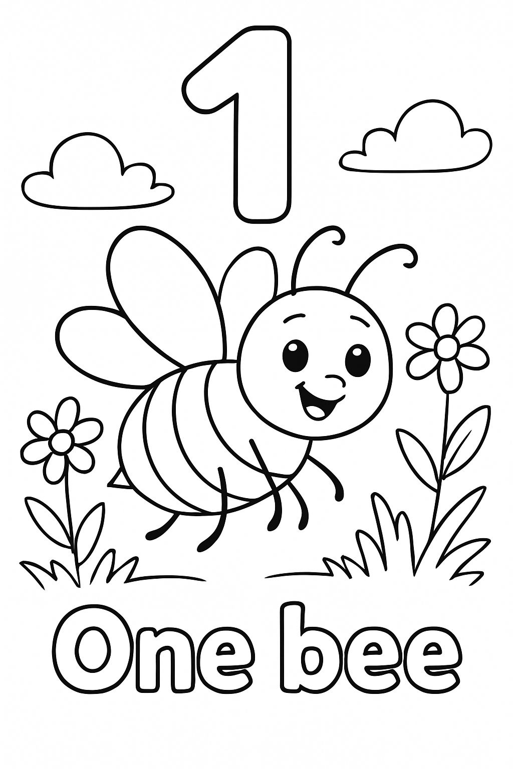 A large bubble number “1” is centered at the top of the page. Under that is an image of a single bee. Under the image should say “One bee” in bubble letters.