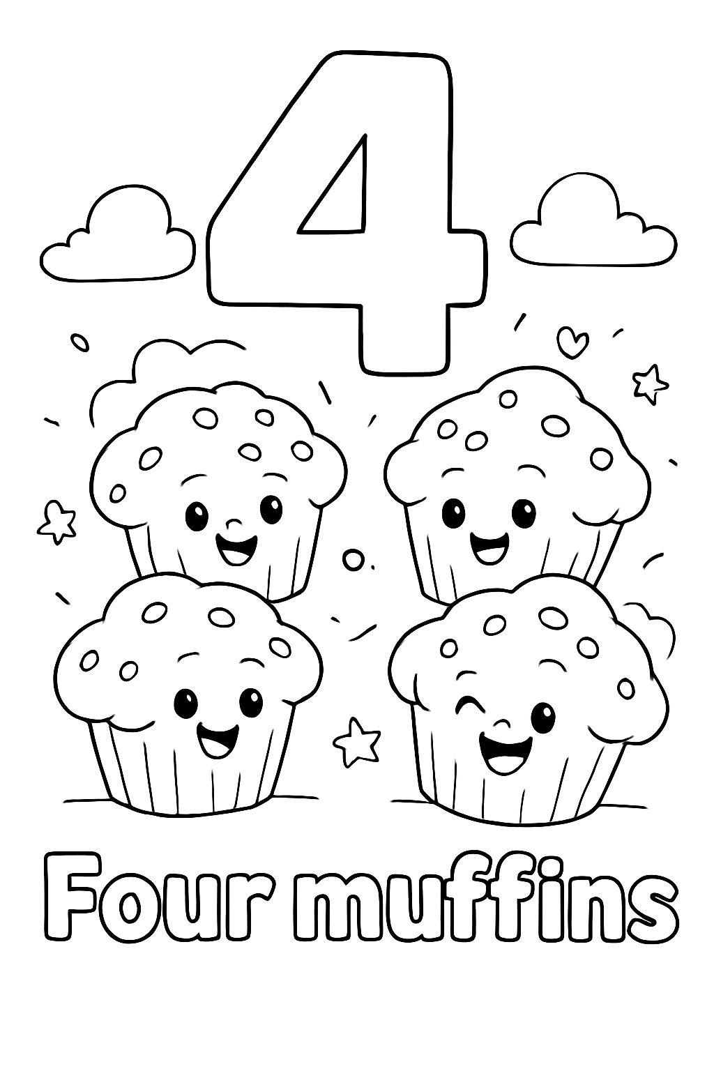 A large bubble number "4" is centered at the top of the page. Under that is an image of four muffins. Under the image should say "Four muffins" in bubble letters.