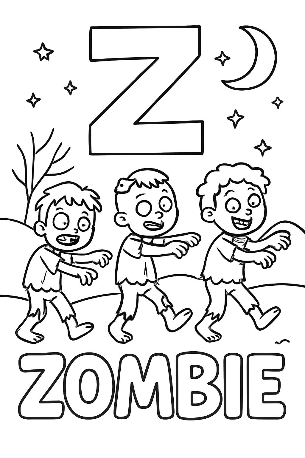 A large bubble “Z” is centered on top of the page. Under that is an image of three zombies walking at night. Under the image should say “Zombie” in bubble letters.
