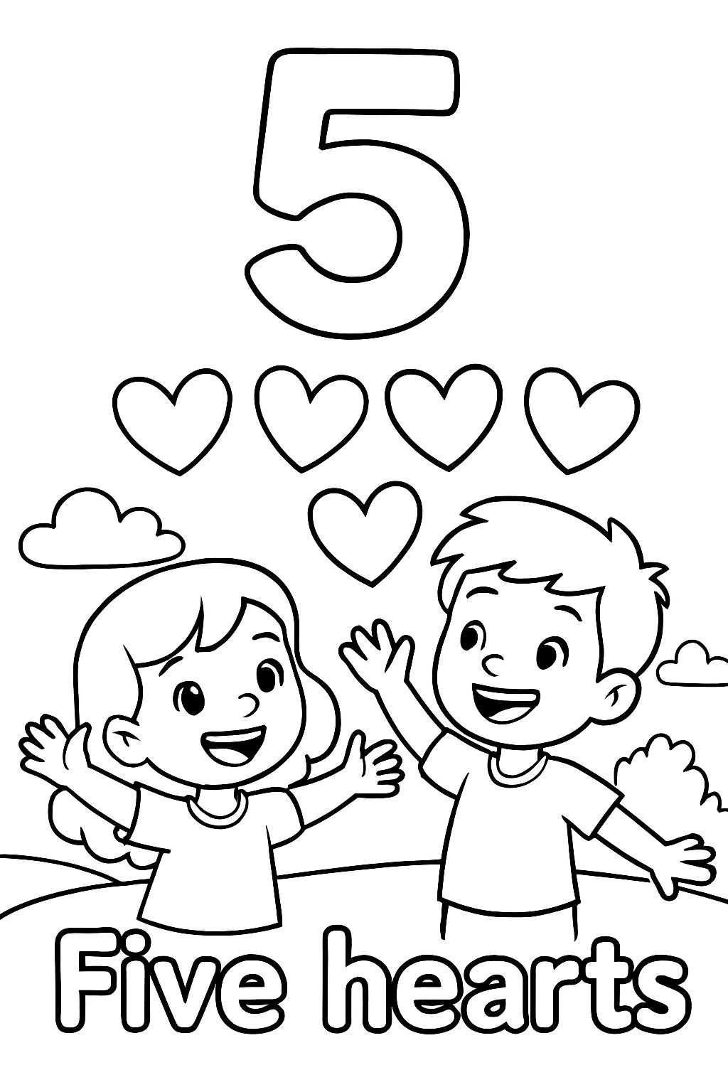 A large bubble number “5” is centered at the top of the page. Under that is an image of five hearts. Under the image should say “Five hearts” in bubble letters.