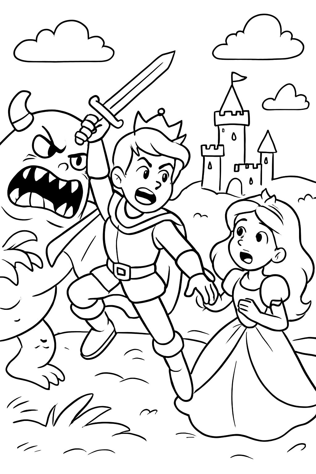 Um príncipe salvando uma princesa de um monstro.