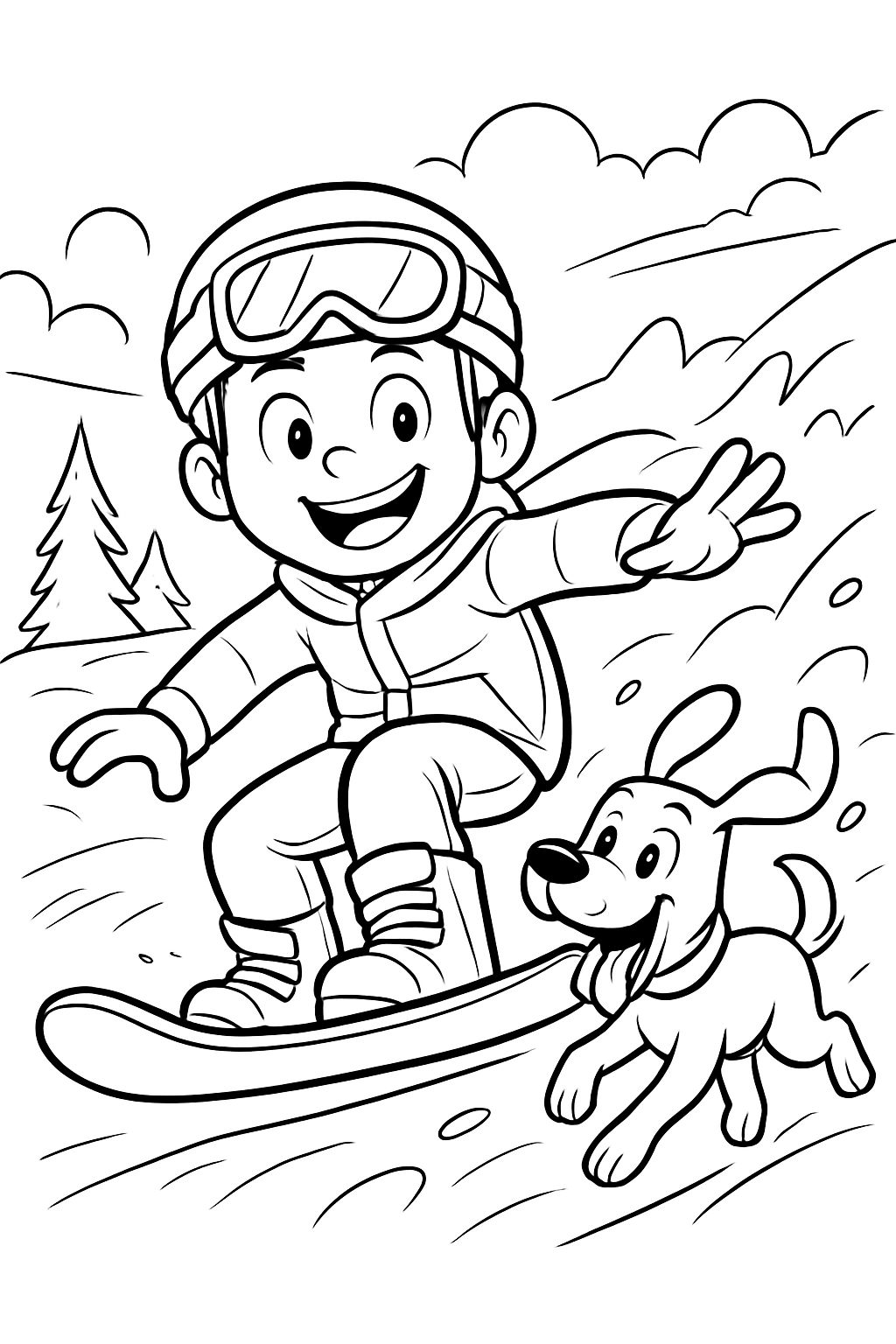 Un garçon fait du snowboard avec son chien.