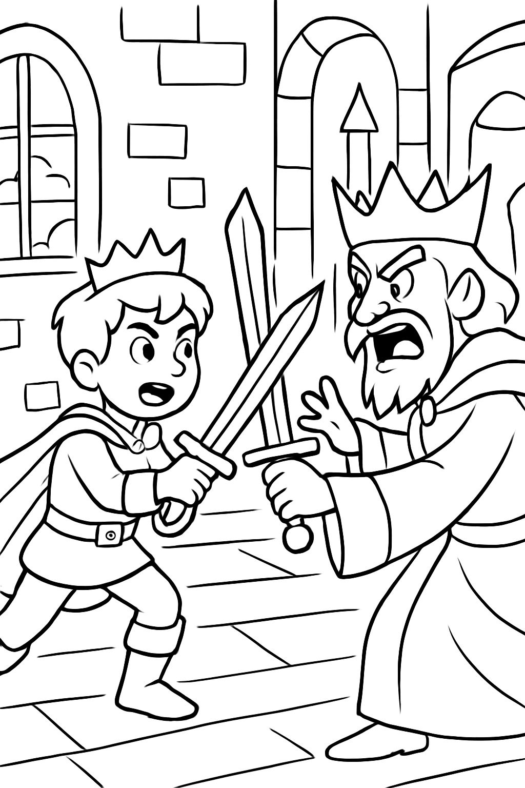 A prince sword fighting with an evil king inside of a castle. A prince sword fighting with an evil king inside of a castle.