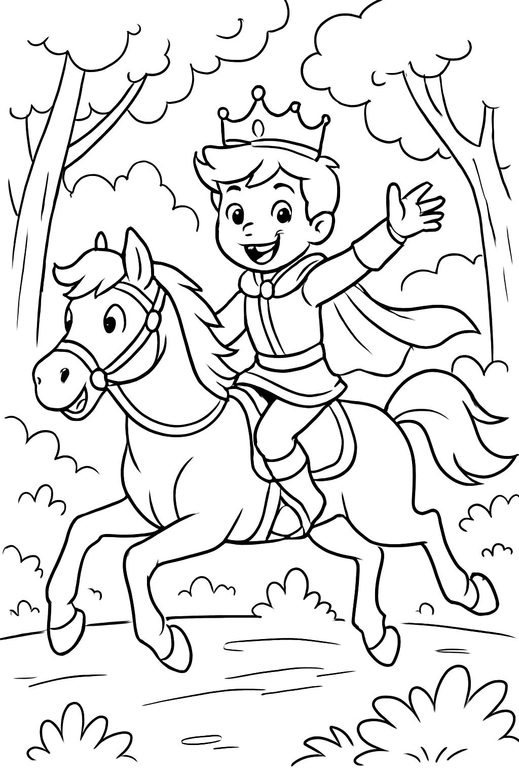 um príncipe montando a cavalo através da floresta