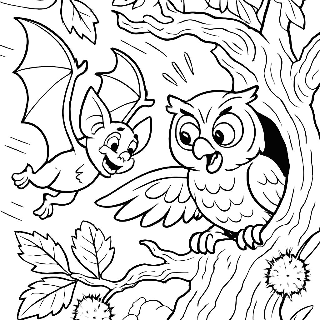 a little owl and a young bat on an old chestnut tree a little owl and a young bat on an old chestnut tree