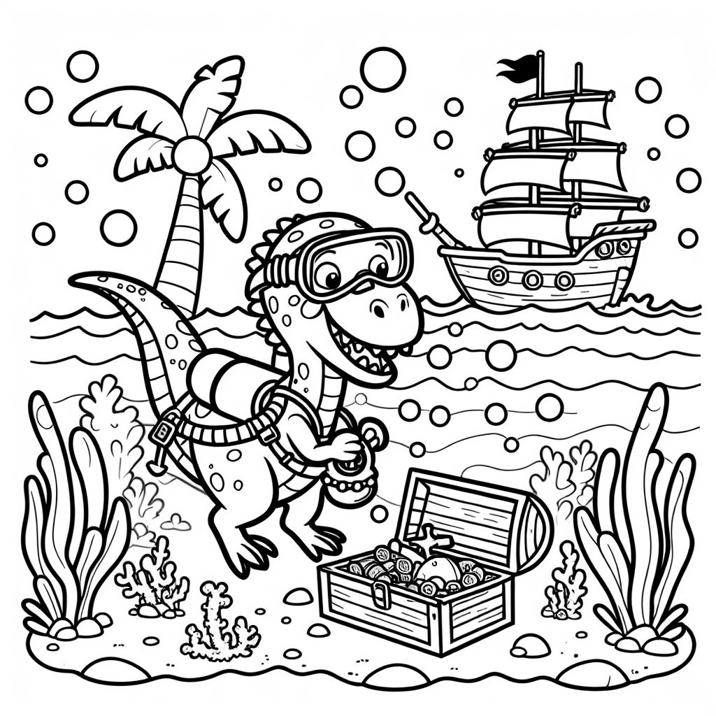 'Dinosaur scuba diver finding a pirate ship and treasure ' Coloring ...