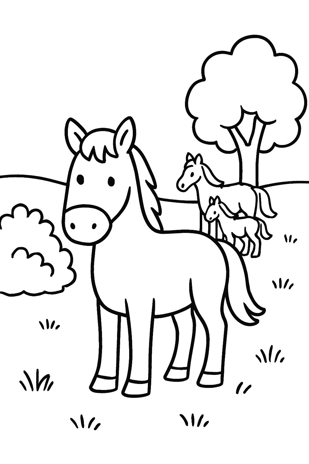 Un cheval se tient au premier plan sur un pré. En arrière-plan, il y a un autre cheval avec un poulain. À droite de l'image se trouve un arbre, à gauche un buisson.