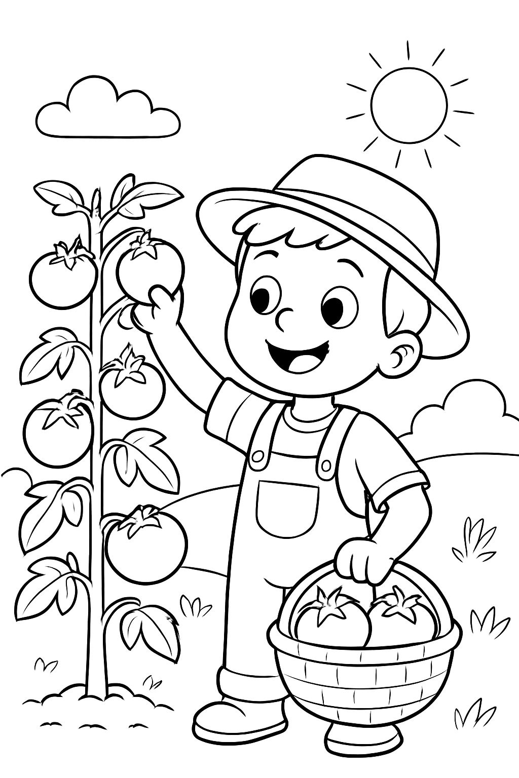 a farmer kid harvesting tomatoes from a tomato plant.