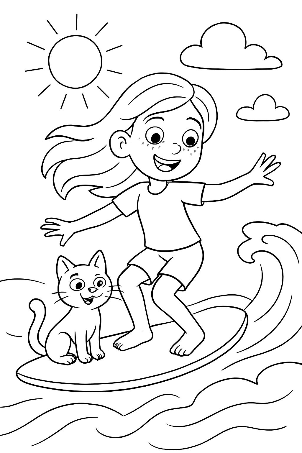 Fille adolescente surfant au soleil avec un chat.